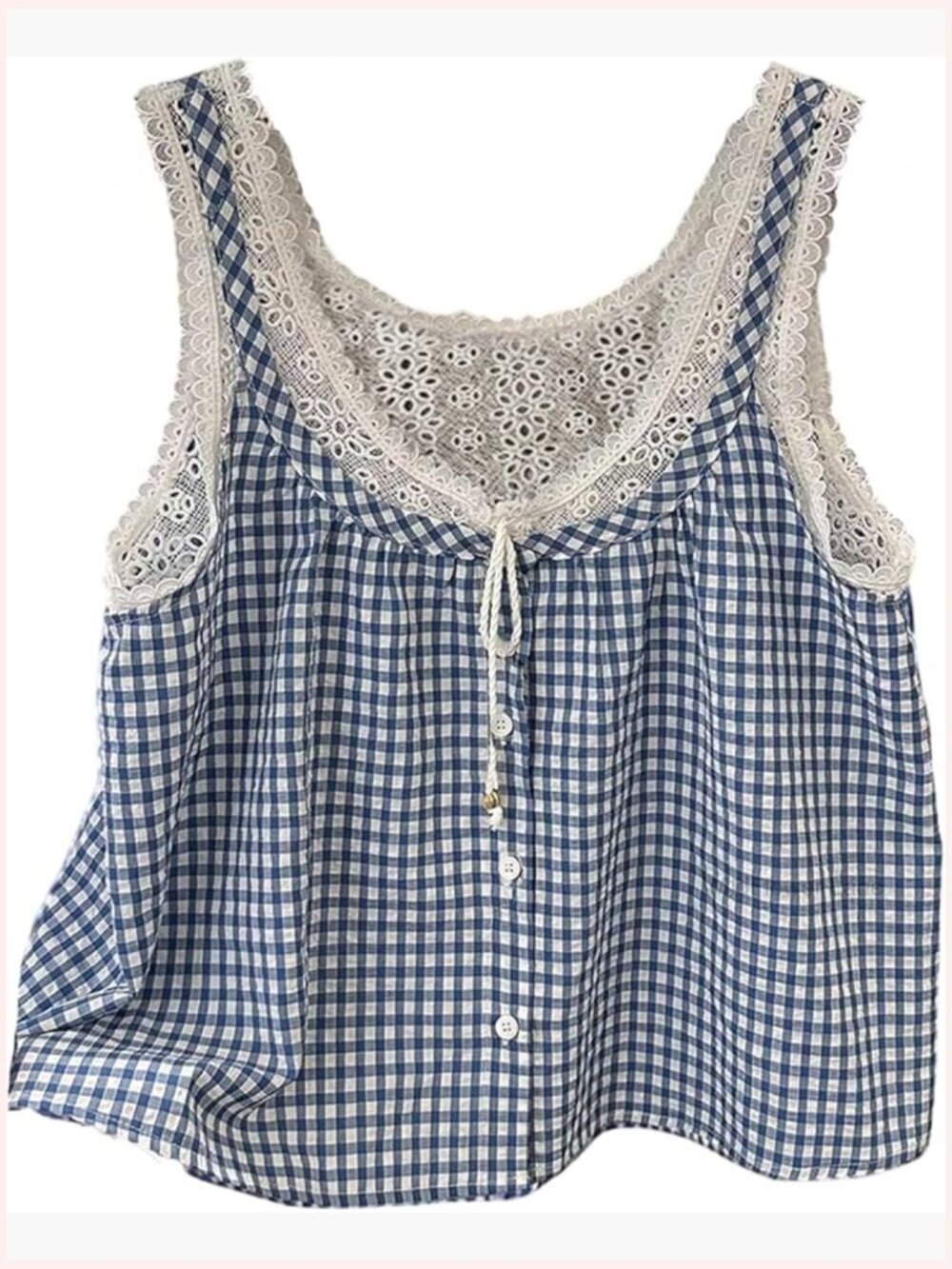 Boho Eyelet Lace Gingham Plaid Button Tank Crop Top